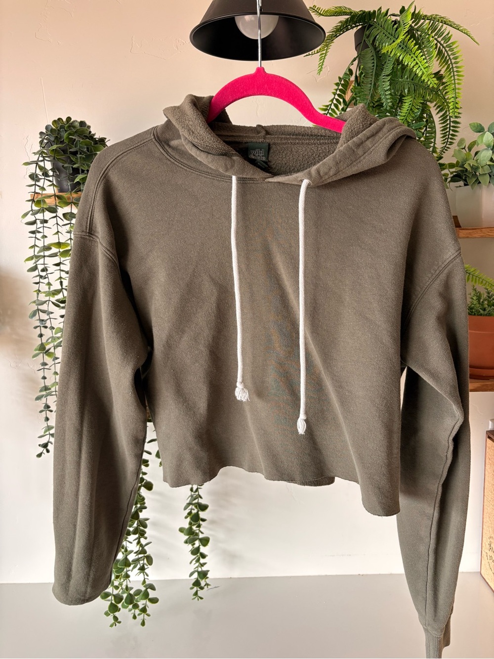 wild fable Olive Green Cropped Hoodie with White Drawstrings